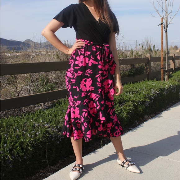 Amazon Dresses New Floral Pink And Black Amazon Wrap Dress Poshmark
